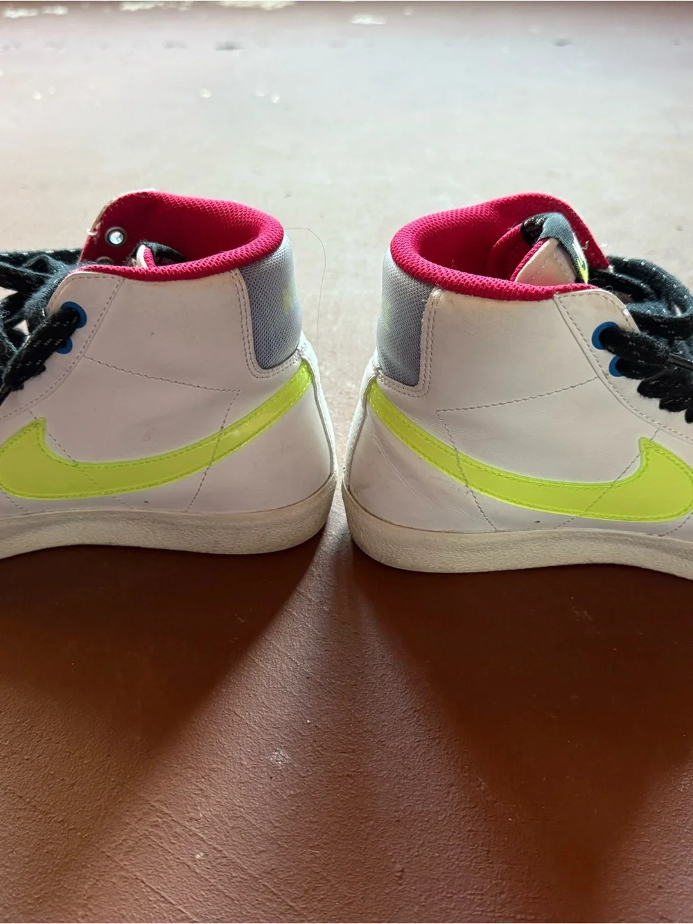 Nike White High-Top Sneakers with Neon Green Swoosh and Pink Lining